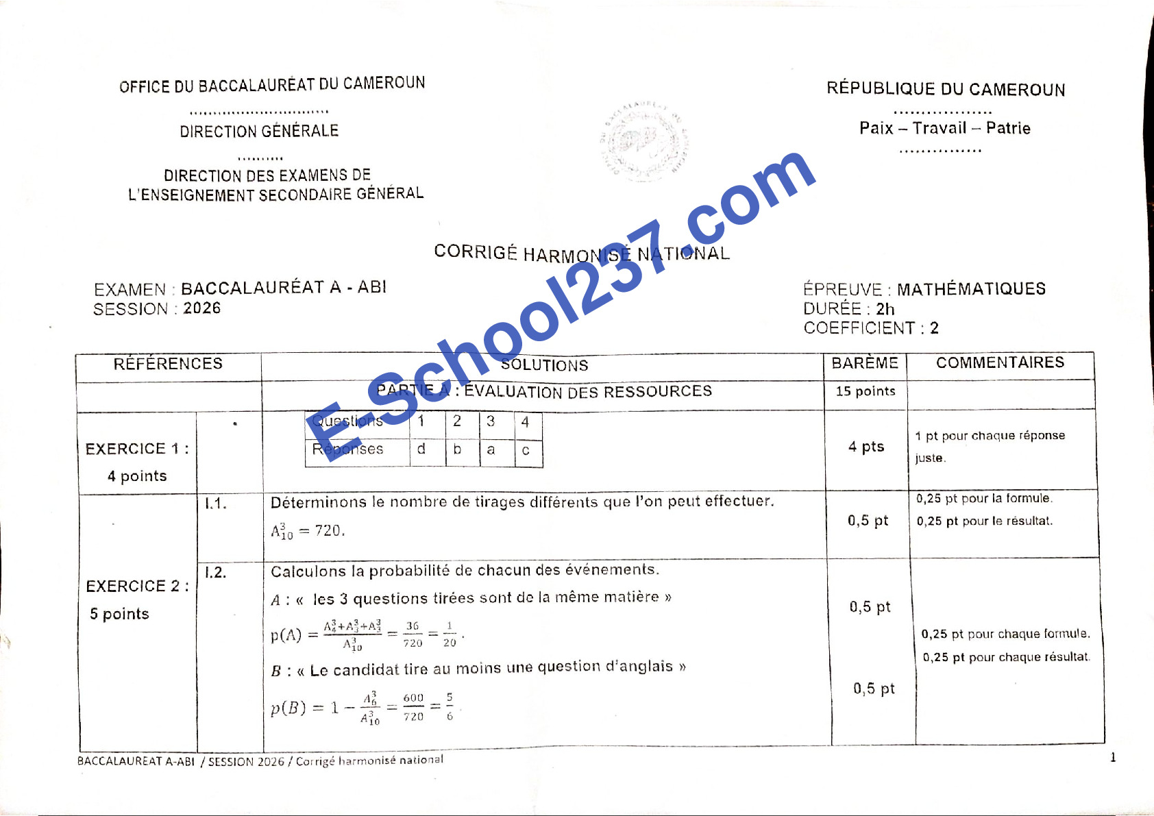 Corrigé Harmonisé nat maths Bac A 2026